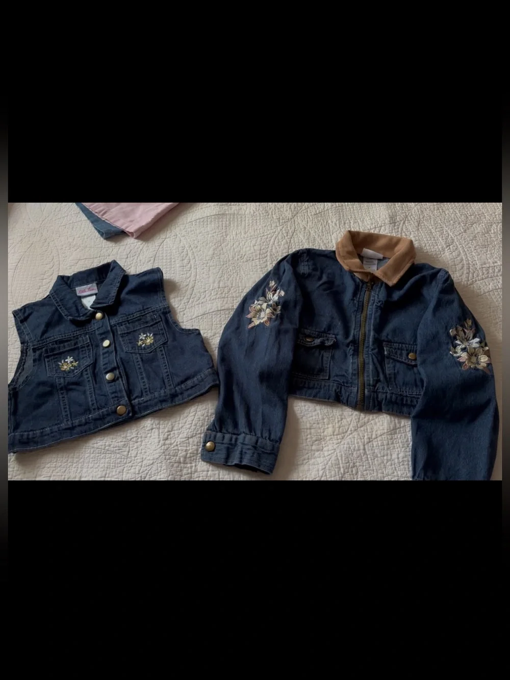 Little Lass Navy Denim Jacket and Vest Set with Tan Collar & Floral Embroidery